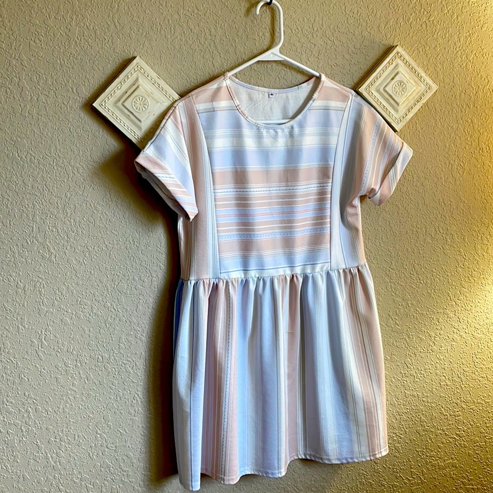 Light blue and blush striped dress.